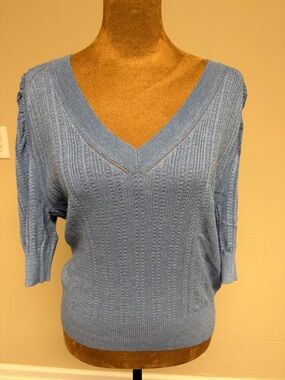 White House Black Market Sky Blue V-Neck Knit Top